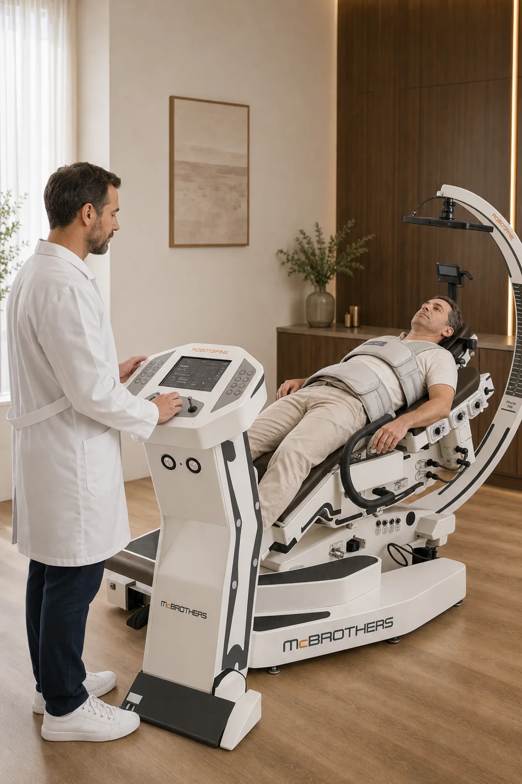 Пациент во время процедуры на аппарате RoboSpine под контролем врача