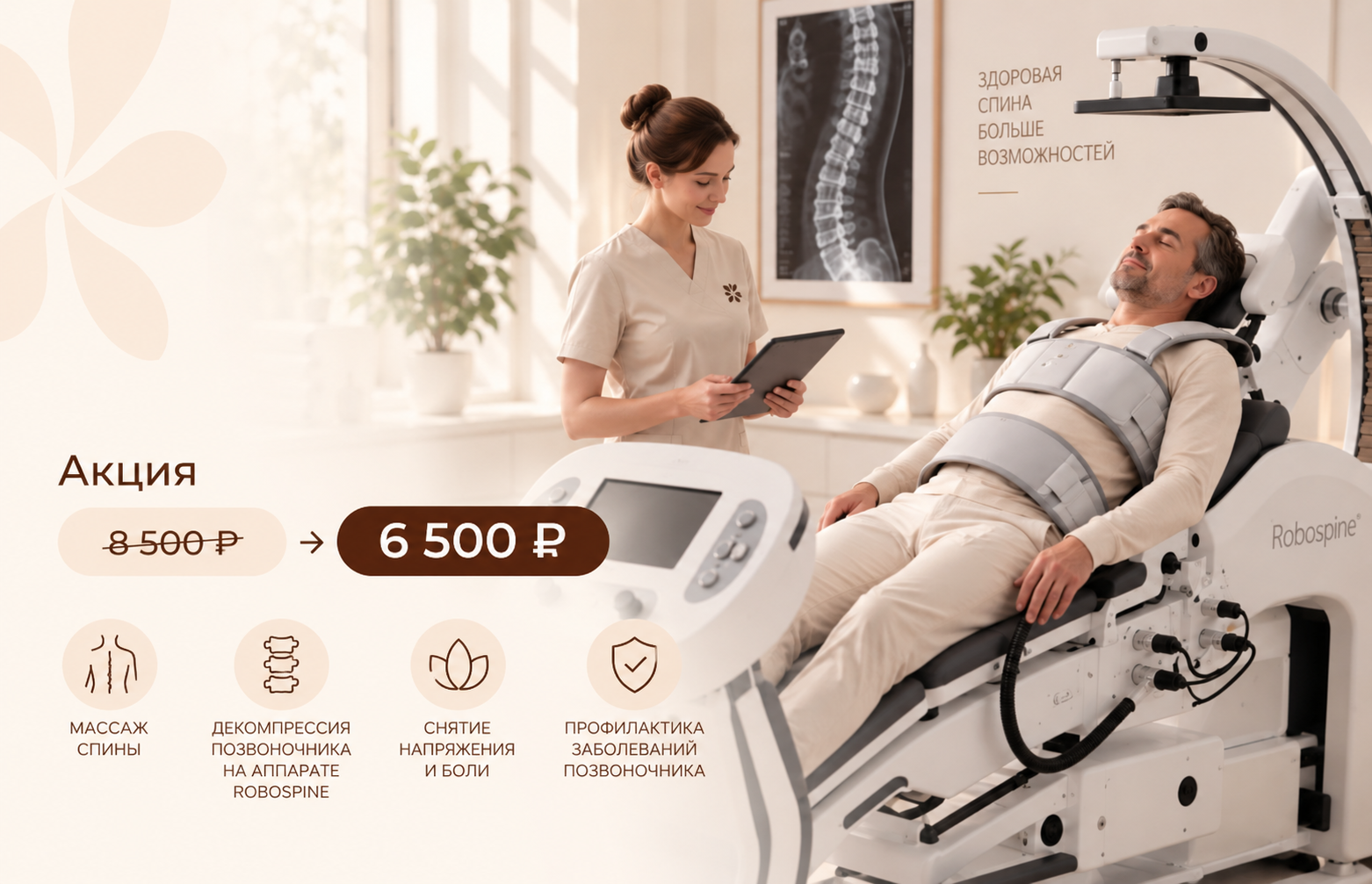 Массаж спины + 1 сеанс на аппарате Robospine